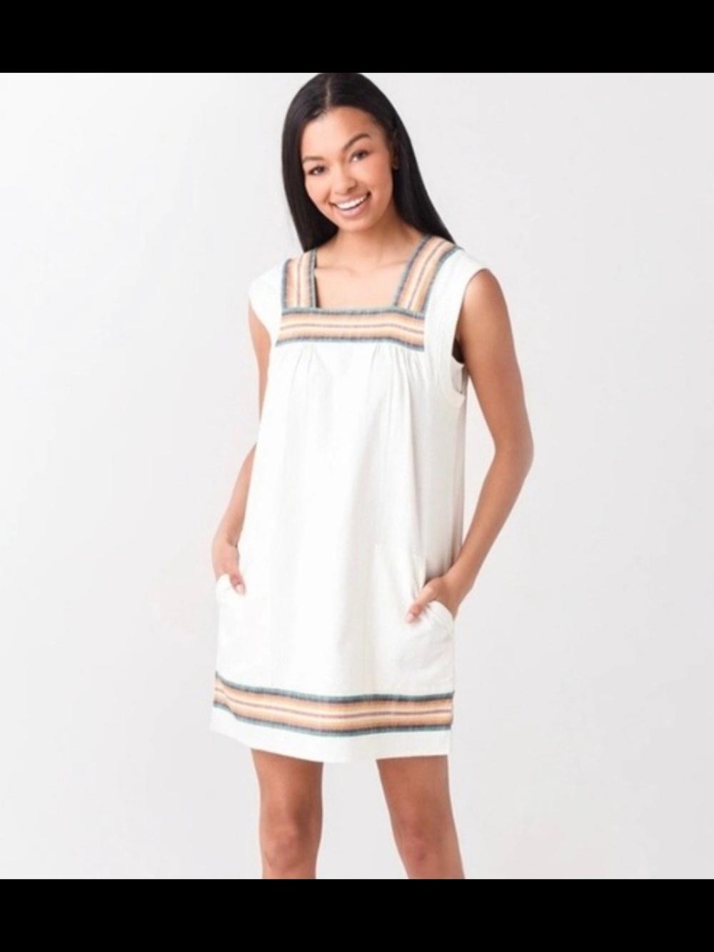 Faherty White Sleeveless Shift Dress with Striped Trim 100% Cotton Size Large